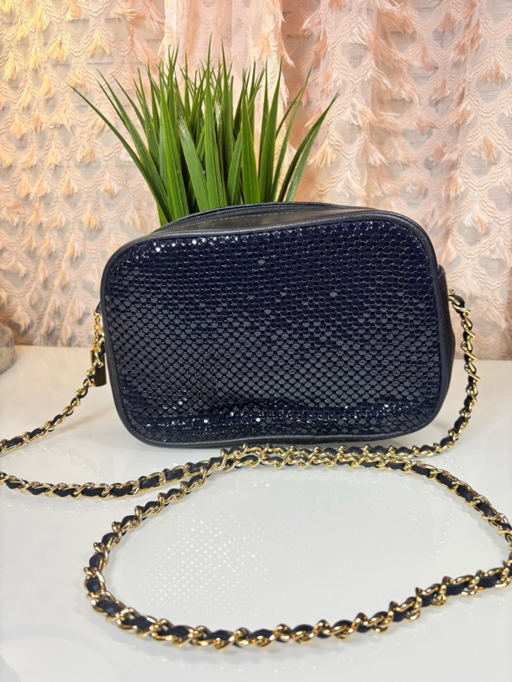 Whiting & Davis Navy Sequin Crossbody with Gold Chain